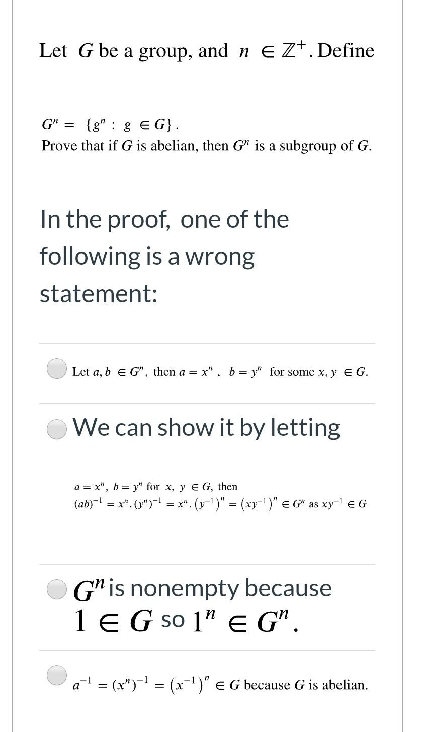 Solved Let G Be A Group And N Ez Define G Gh G Eg Chegg Com