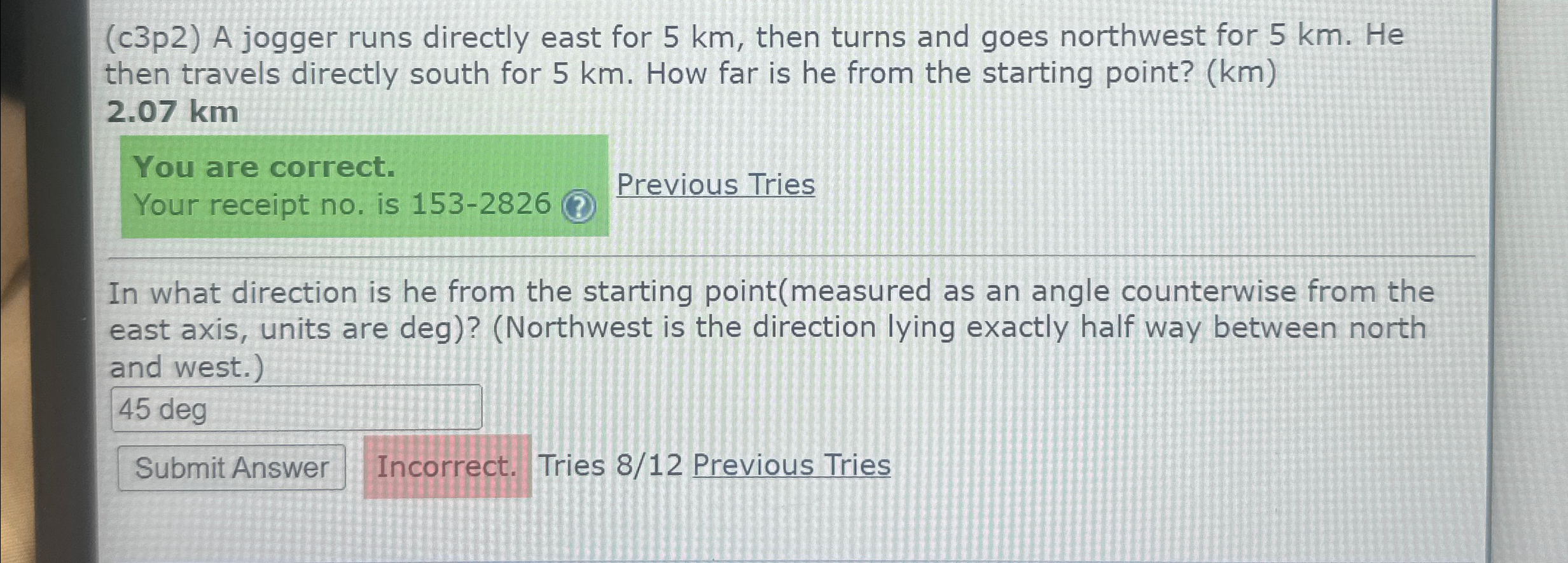 Solved (c3p2) ﻿A jogger runs directly east for 5km, ﻿then | Chegg.com