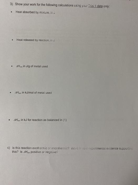 Solved Lab Report Calorimetry and Hess's Law Metal + HCI