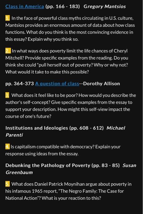 Class in America (pp. 166 - 183) Gregory Mantsios
1. In the face of powerful class myths circulating in U.S. culture, Mantsio