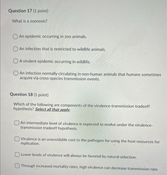 Solved Question 17 (1 point) What is a zoonosis? An epidemic | Chegg.com