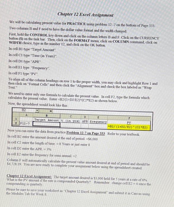 Solved Chapter 12 Excel Assignment We will be calculating | Chegg.com