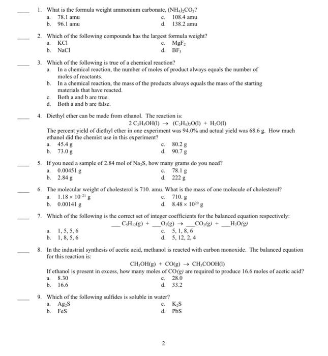 Solved 1. What is the formula weight ammonium carbonate, | Chegg.com