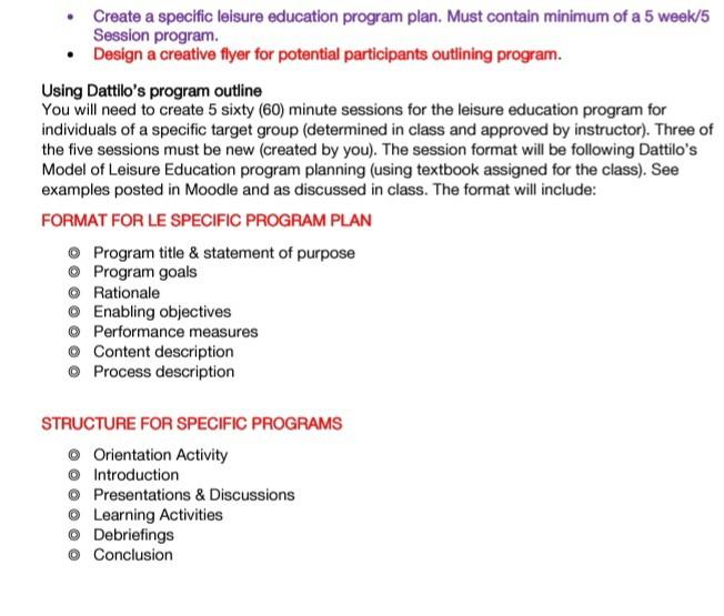 Solved - Create a specific leisure education program plan. | Chegg.com