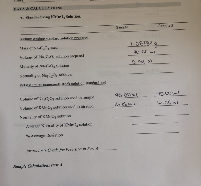 Solved DATA & CALCULATIONS: A. Standardizing KMnO4 Solution. | Chegg.com