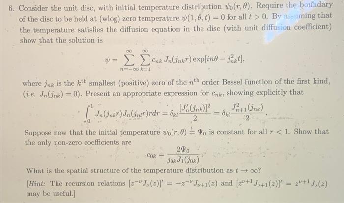 Solved Consider the unit disc, with initial temperature | Chegg.com