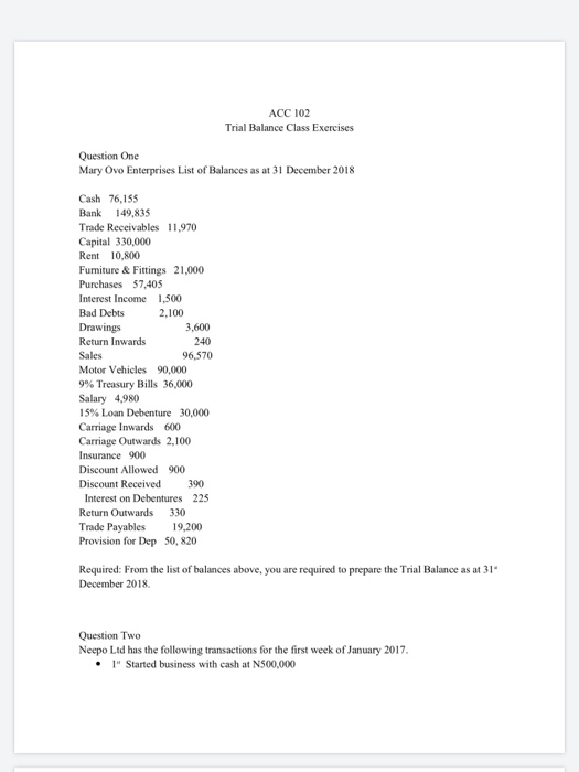 Solved ACC 102 Trial Balance Class Exercises Question One | Chegg.com