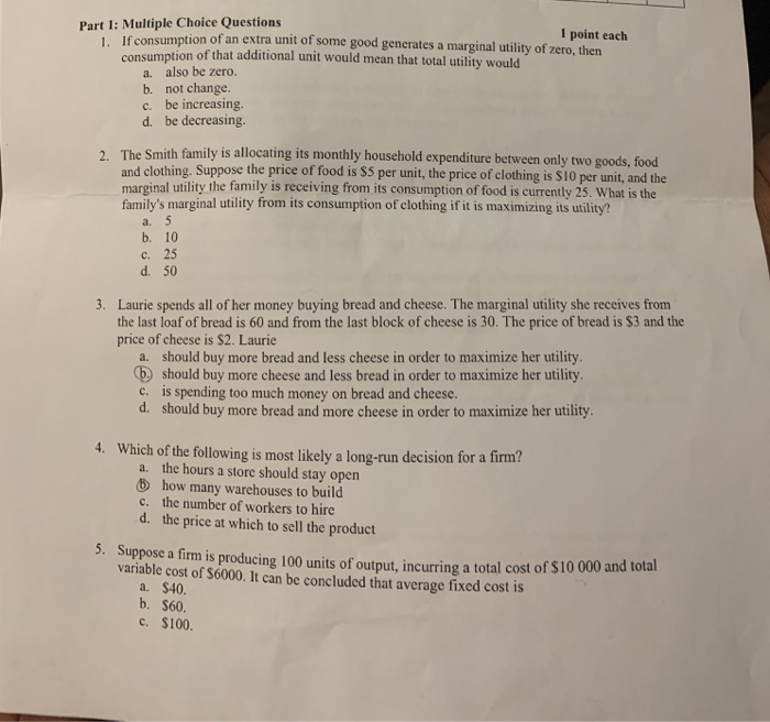 Solved Part 1: Multiple Choice Questions 1. If consumption | Chegg.com