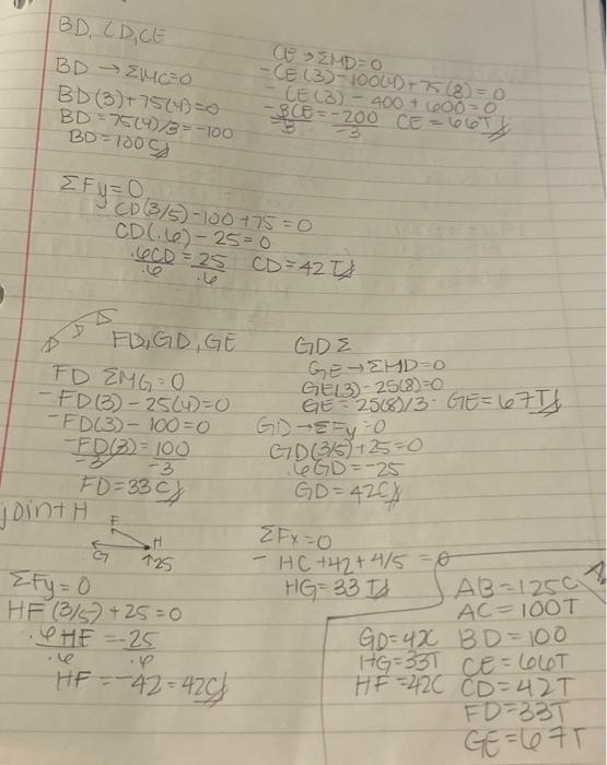 \( \begin{array}{l}\begin{array}{l}B D=100 \mathrm{C} \\ \sum F y=0 \\ C D(3 / 5)-100+75=0\end{array} \\ \begin{array}{l}C D(