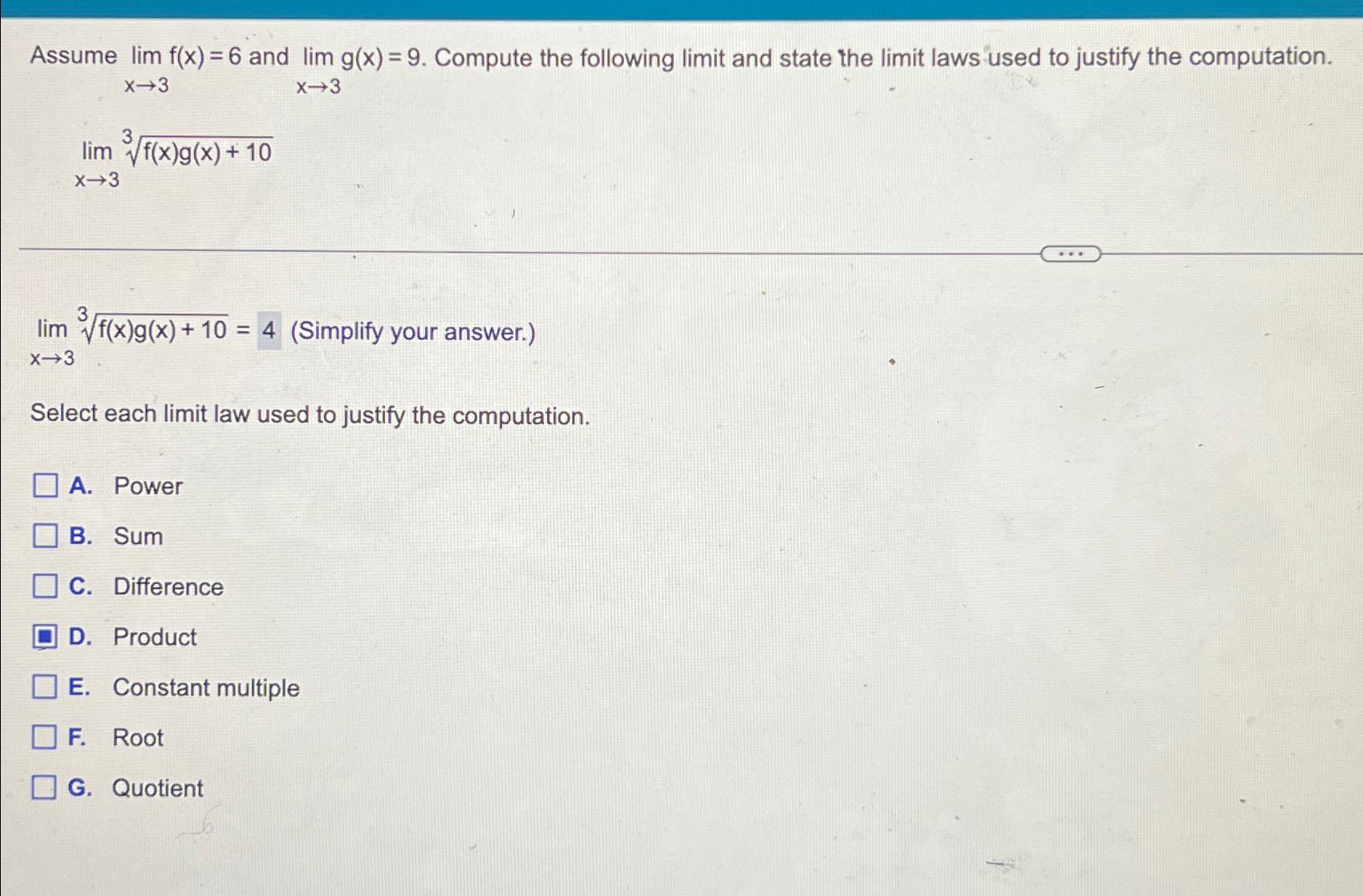 Solved Assume limx→3f(x)=6 ﻿and limx→3g(x)=9. ﻿Compute the | Chegg.com