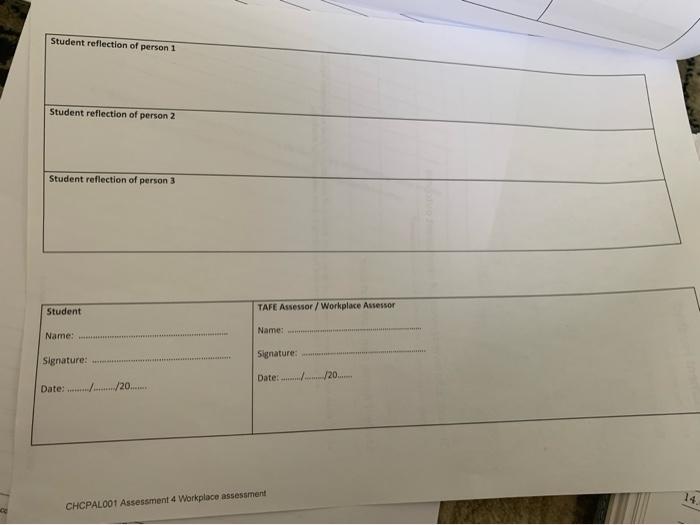 Student reflection of person 1 Student reflection of person 2 Student reflection of person 3 Student TAFE Assessor / Workplac