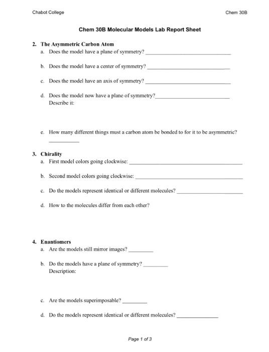 Chabot College Chem 30B Chem 30B Molecular Models Lab