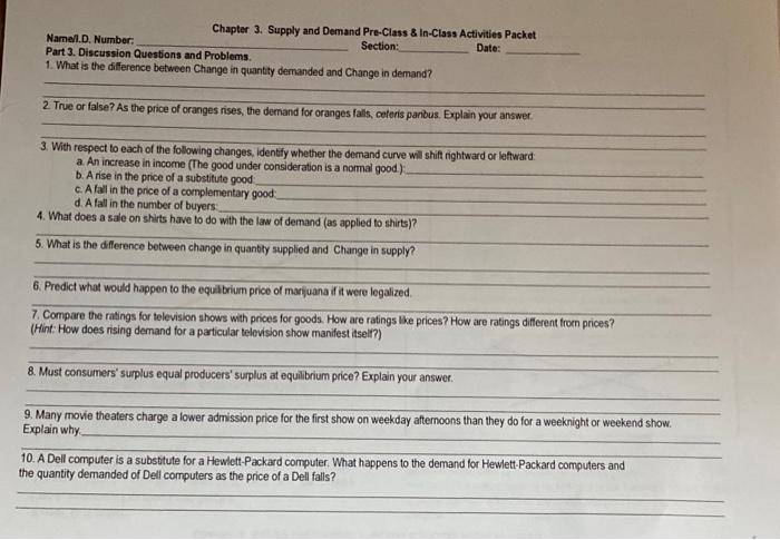 Solved Chapter 3. Supply and Demand Pre-Class \& in-Class | Chegg.com