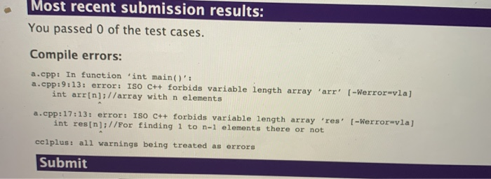 Most recent submission results: You passed 0 of the test cases. Compile errors: a.cpp: In function int main(): a.cpp: 9:13: