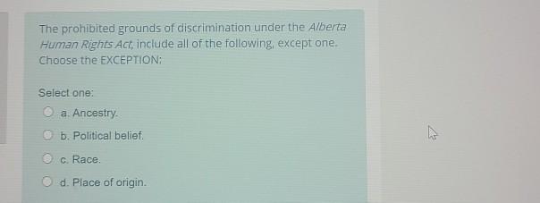Solved The prohibited grounds of discrimination under the | Chegg.com