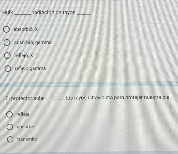 Hulk radiación de rayos absorbió, \( X \) absorbió, gamma reflejó, \( X \) reflejó gamma El protector solar Ios rayos ultravi