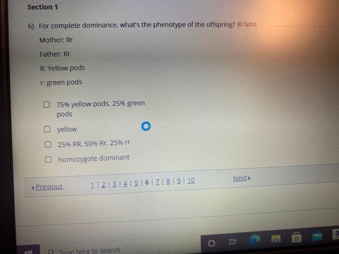 Solved Section 1 6) For complete dominance, what's the | Chegg.com