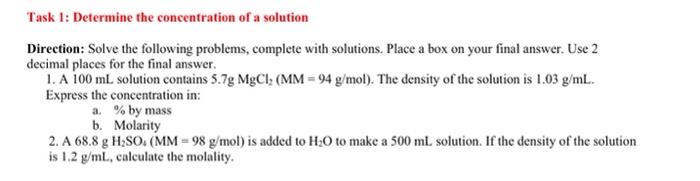 Solved Task 1: Determine The Concentration Of A Solution | Chegg.com