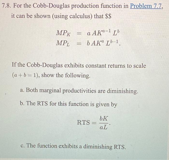 Solved 7.8. For The Cobb-Douglas Production Function In | Chegg.com