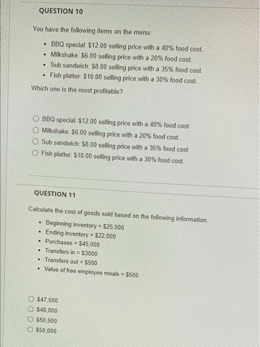 Solved Calculate the food and beverage cost percentage based