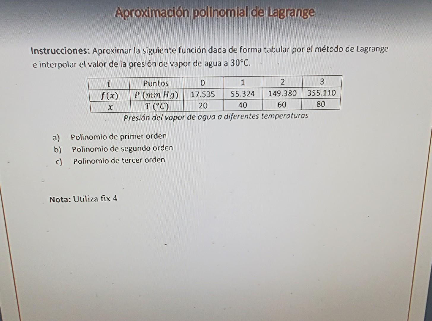 Aproximación polinomial de Lagrange Instrucciones: Aproximar la siguiente función dada de forma tabular por el método de Lagr