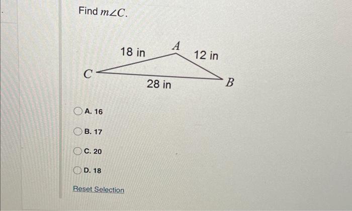 Solved Find M∠C. A. 16 B. 17 C. 20 D. 18 | Chegg.com