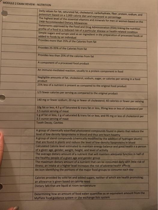 MODULE 2 EXAM REVIEW - NUTRITION Daily values for fat, saturated fat, cholesterol, carbohydrate, fiber, protein, sodium, and