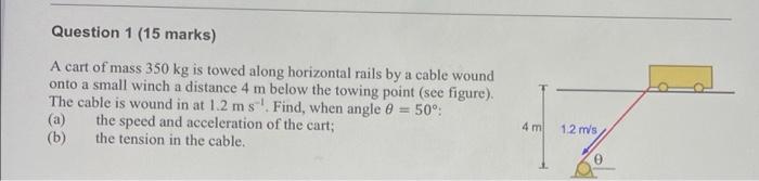 Question 1 (15 marks)
A cart of mass 350 kg is towed along horizontal rails by a cable wound
onto a small winch a distance 4 