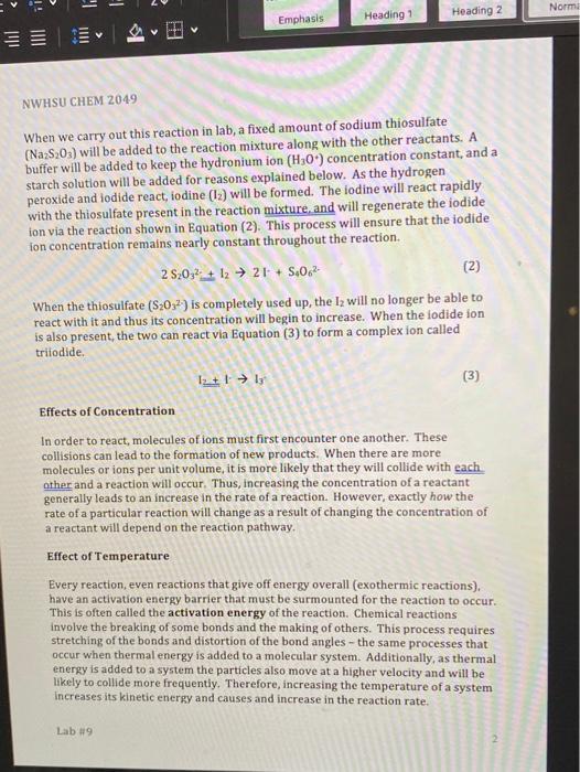 Lab #9: Factors Affecting The Rates Of Chemical | Chegg.com