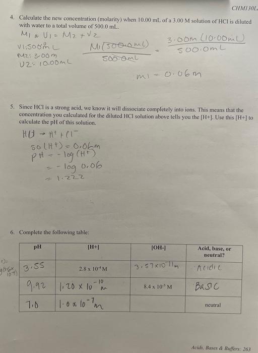 Solved 4. Calculate the new concentration (molarity) when | Chegg.com