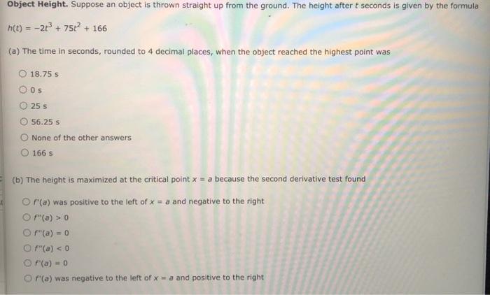 Solved Object Height. Suppose an object is thrown straight | Chegg.com