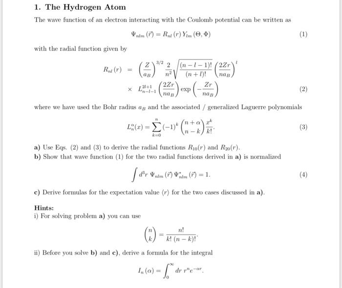 Solved 1. The Hydrogen Atom The wave function of an electron | Chegg.com