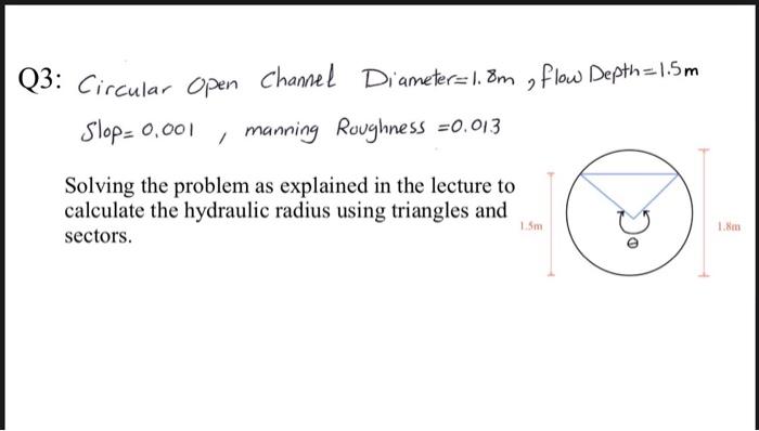 Solved Q3: Circular Open Channel Diameter: 1. 8m , flow | Chegg.com