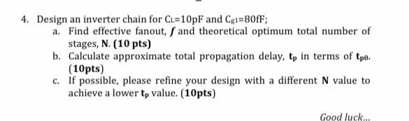 Solved 4. Design an inverter chain for CL=10pF and Cg1=80fF; | Chegg.com