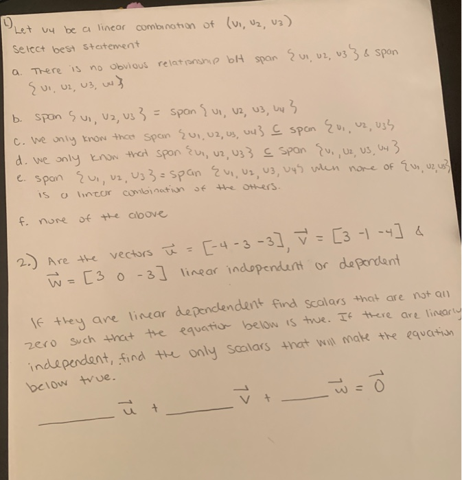 Solved Let Uy Be A Linear Combination Of Vi U2 U3 Sel Chegg Com