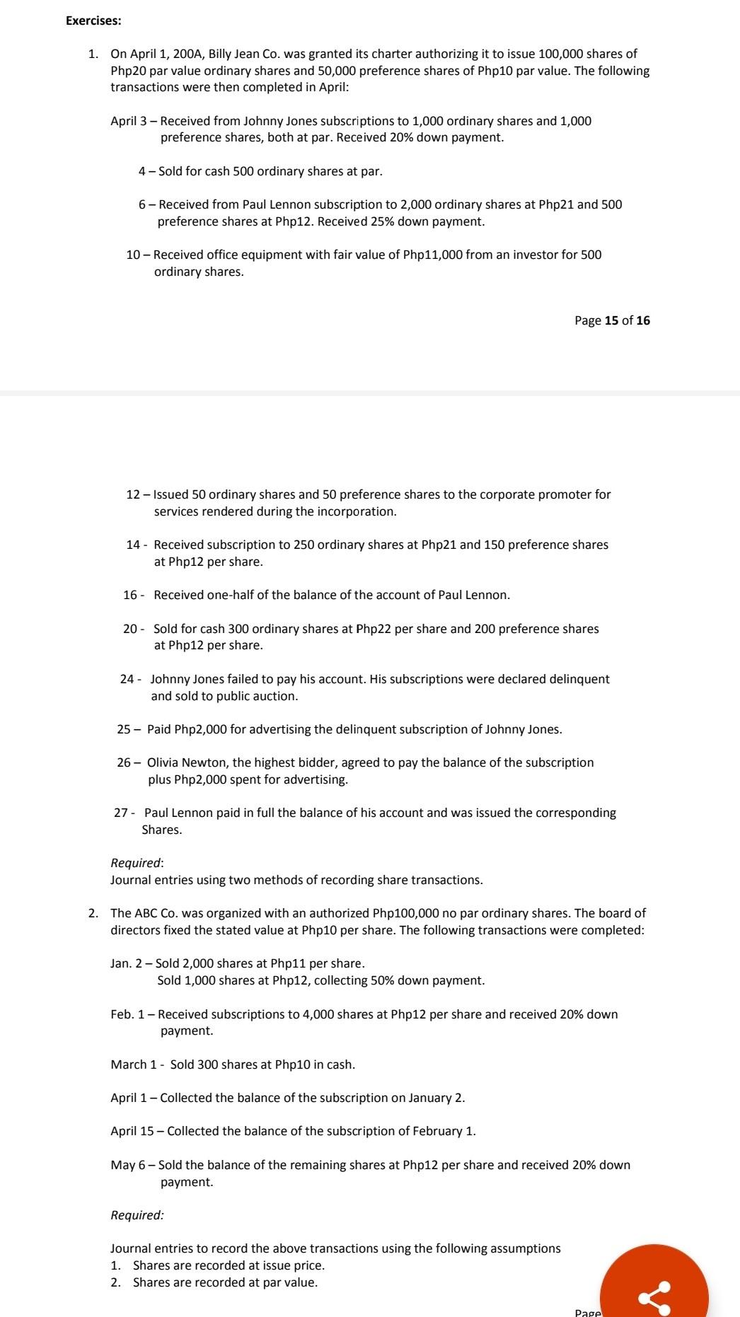 Exercise 1 Requirements Are Memorandum Entry Method | Chegg.com