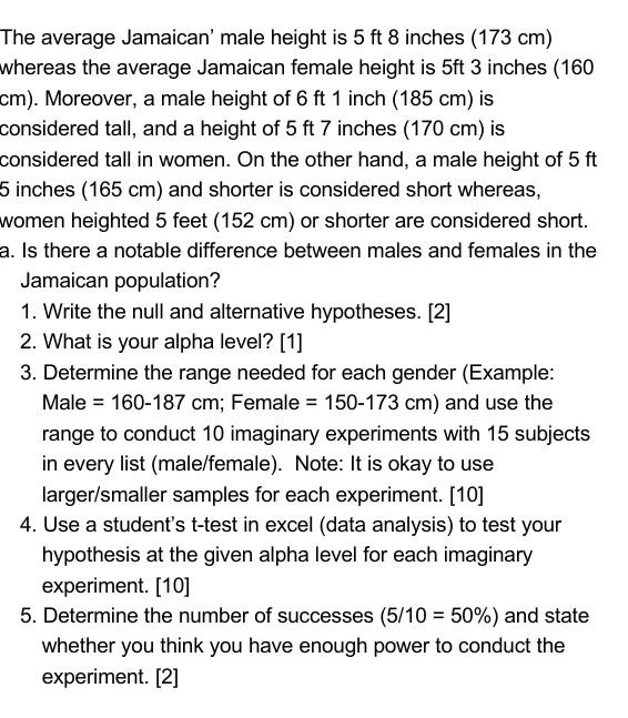 Solved The average Jamaican male height is 5 ft 8 inches Chegg