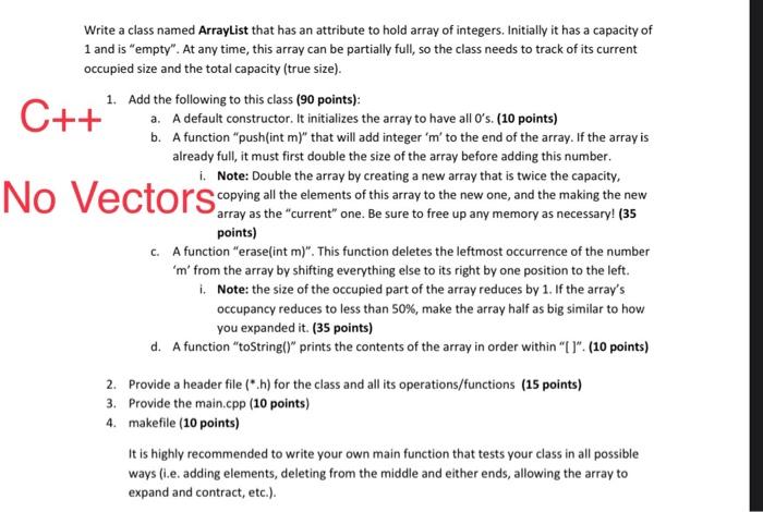 Solved C Write A Class Named Arraylist That Has An Chegg Com