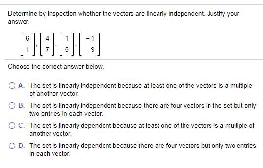 Solved Determine by inspection whether the vectors are | Chegg.com