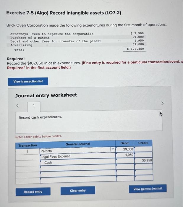 Solved exercise 7 5 algo record intangible assets lo7 2 chegg