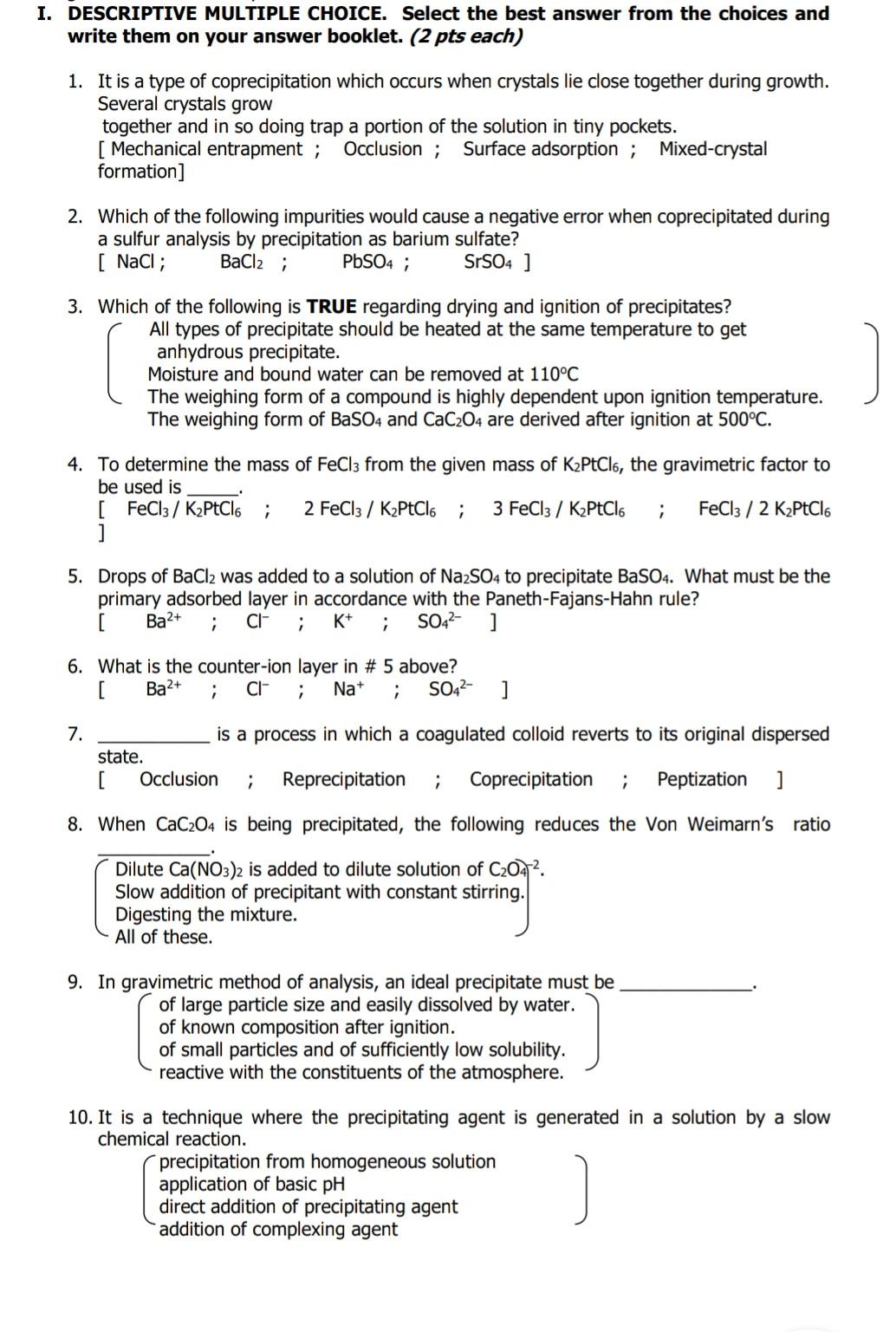 Solved I. DESCRIPTIVE MULTIPLE CHOICE. Select the best | Chegg.com