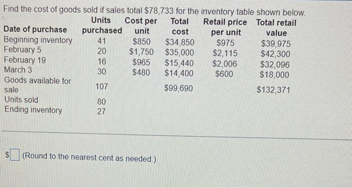 Solved Find the cost of goods sold if sales total $78,733 | Chegg.com