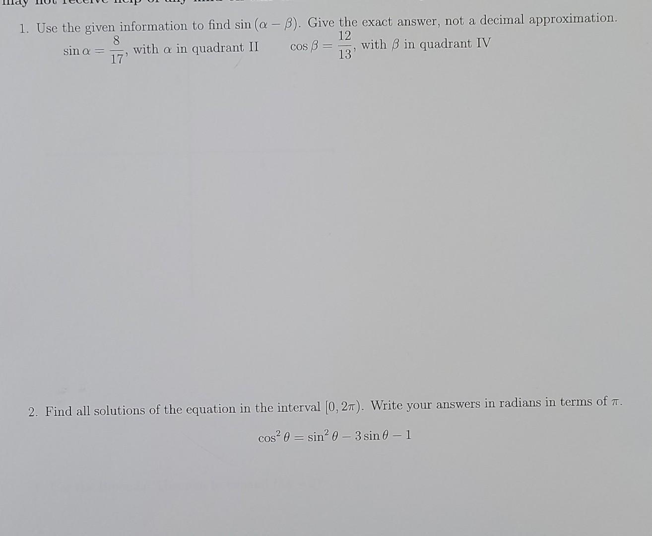 Solved 1. Use the given information to find sin (a - b). | Chegg.com