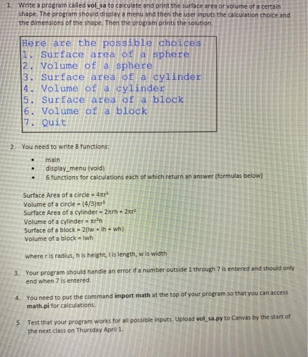 Solved 1. Write a program called vol sa to calculate and | Chegg.com