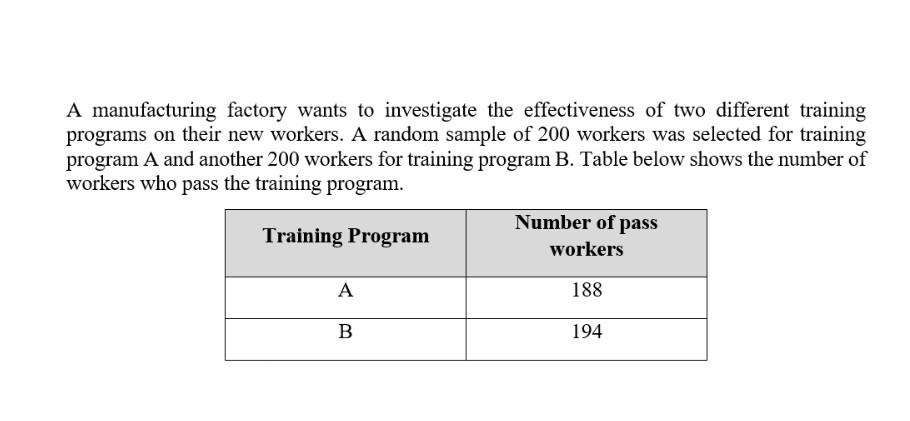 Solved A manufacturing factory wants to investigate the | Chegg.com