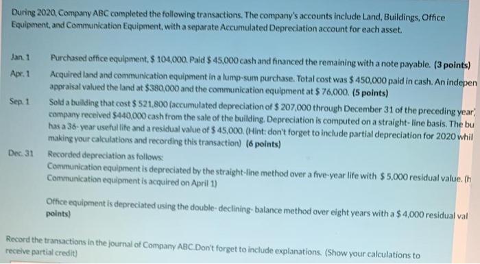Solved During 2020 Company ABC completed the following | Chegg.com