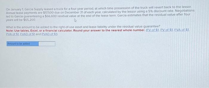 Solved On January 1, Garcla Supply leased a truck for a | Chegg.com