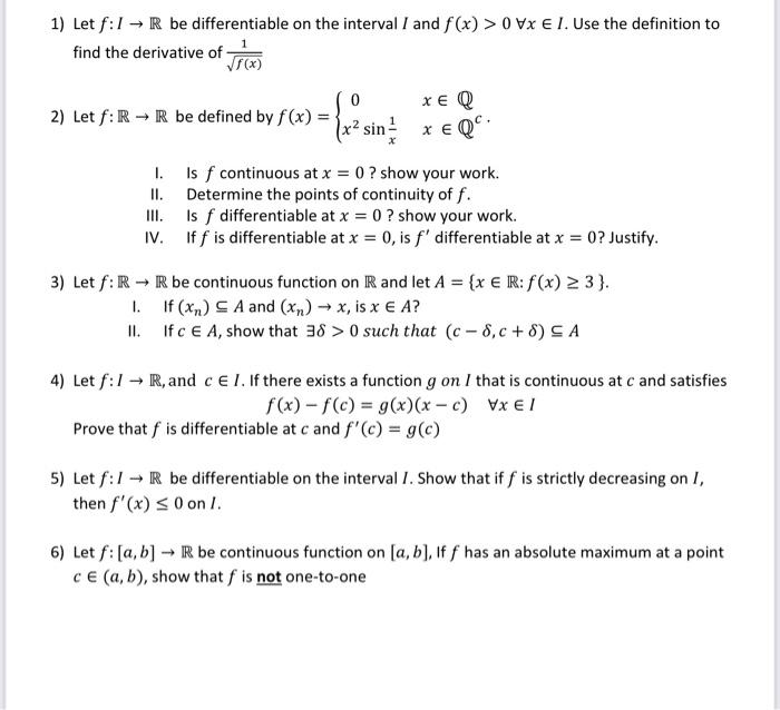 Solved 1 Let F 1 R Be Differentiable On The Interval I A Chegg Com