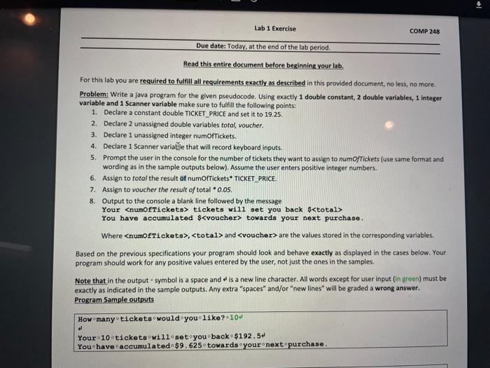 Solved Lab 1 Exercise COMP 248 Due date: Today, at the end | Chegg.com