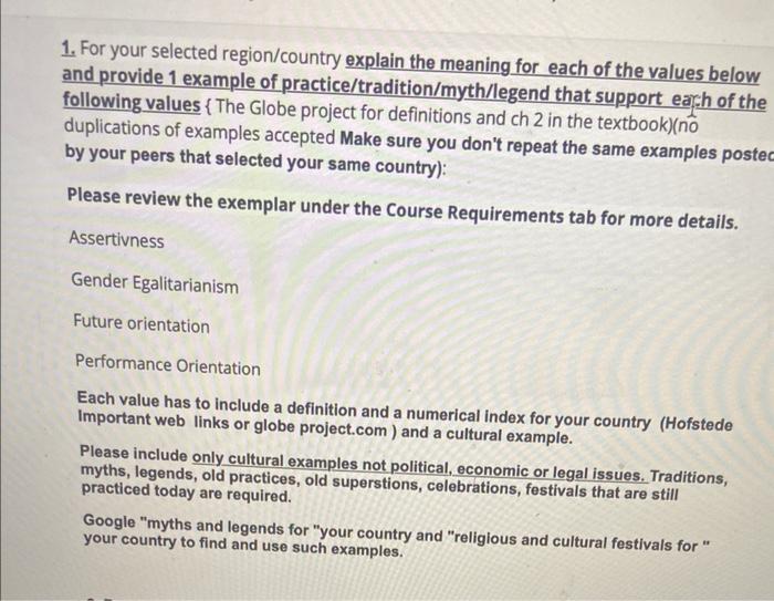 1. For your selected region/country explain the | Chegg.com